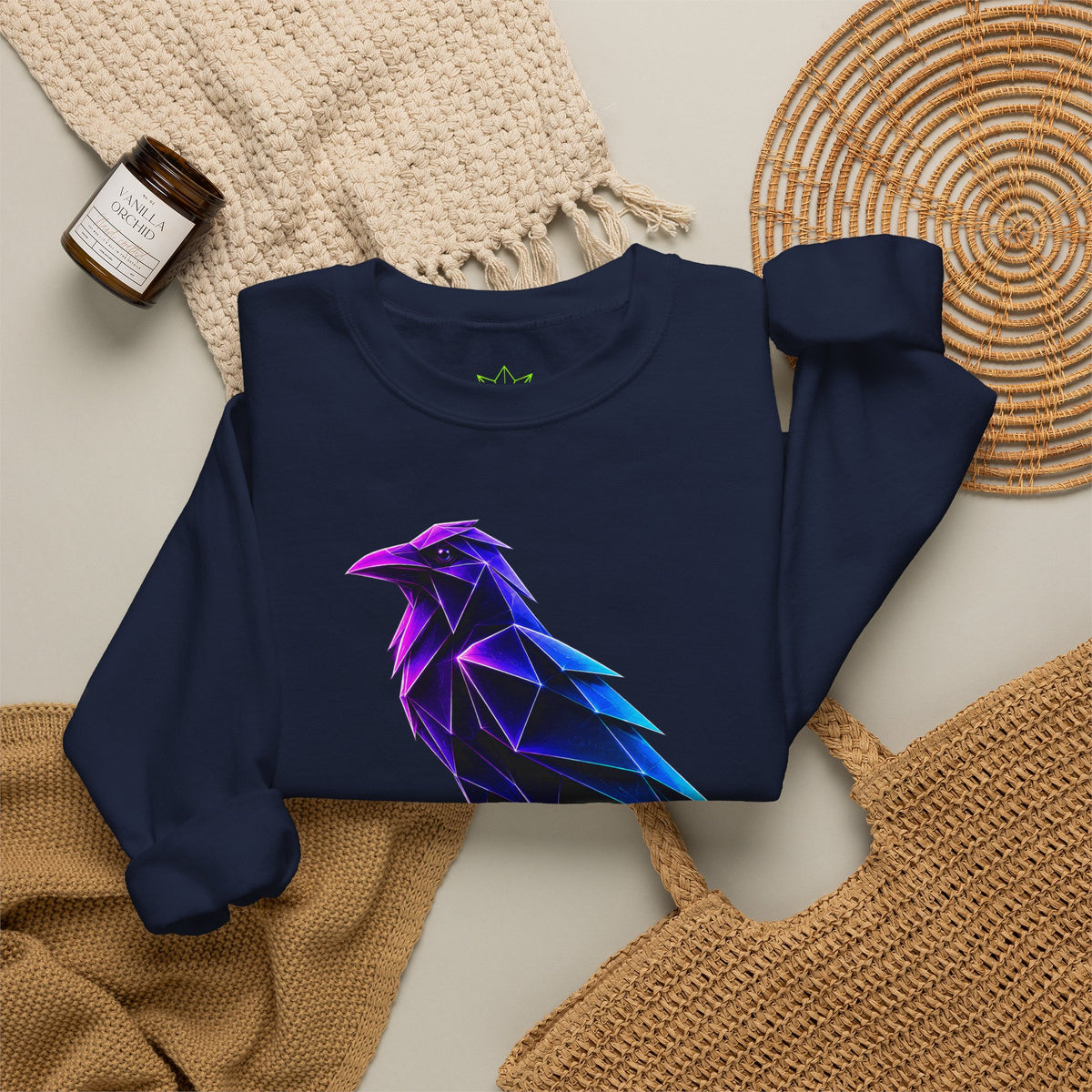 Origami Neon Raven Crewneck Sweatshirt | Mystery Instinct Crewneck Sweatshirt
