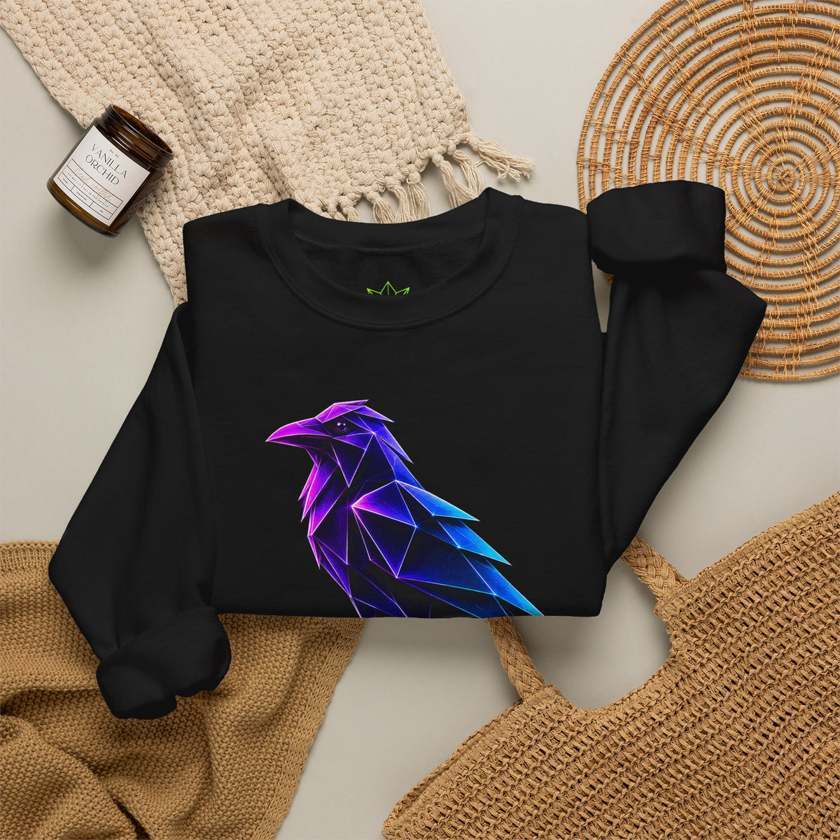Origami Neon Raven Crewneck Sweatshirt | Mystery Instinct Crewneck Sweatshirt