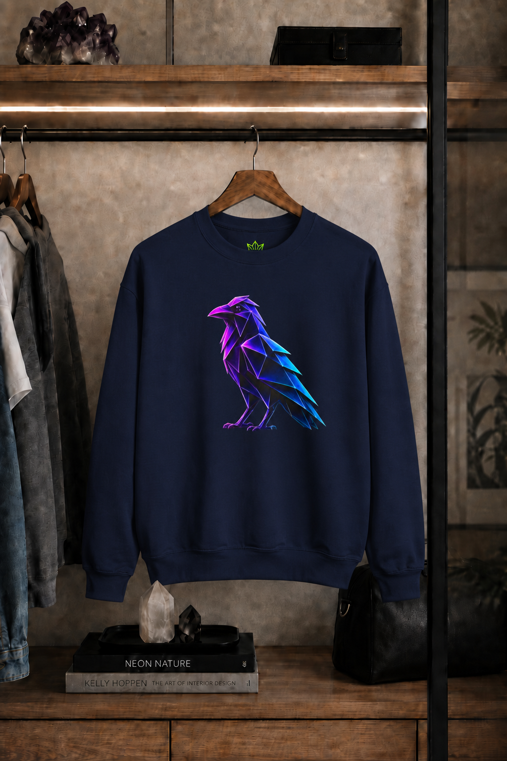 Origami Neon Raven Crewneck Sweatshirt | Mystery Instinct Crewneck Sweatshirt