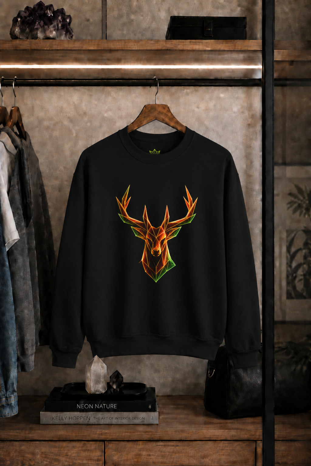 Origami Neon Deer Head Sweatshirt. Freedom Instinct Crewneck Sweatshirt