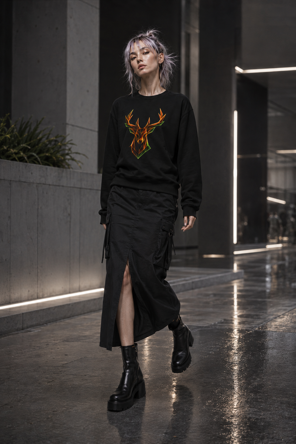 Origami Neon Deer Head Sweatshirt. Freedom Instinct Crewneck Sweatshirt