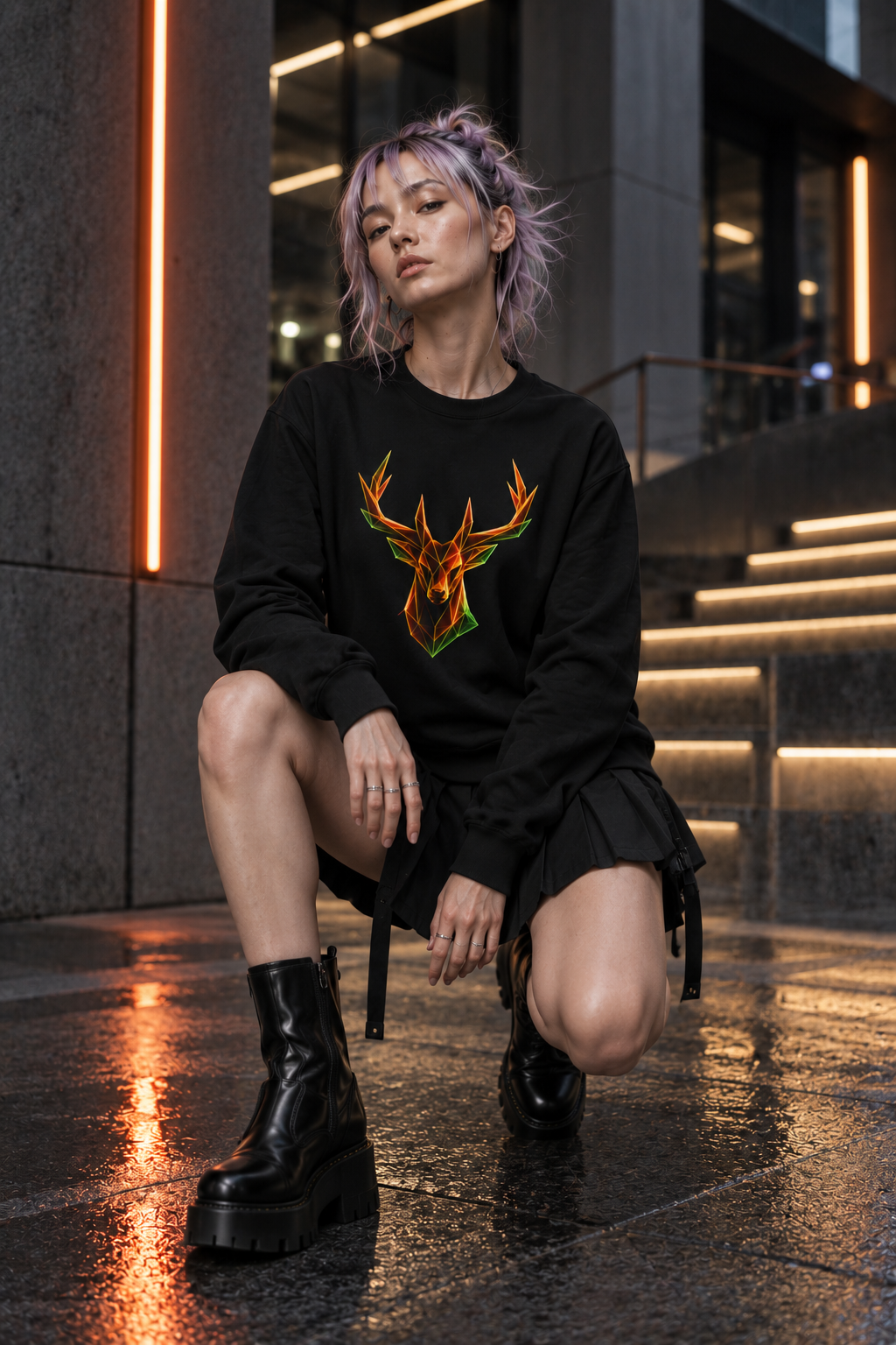 Origami Neon Deer Head Sweatshirt. Freedom Instinct Crewneck Sweatshirt
