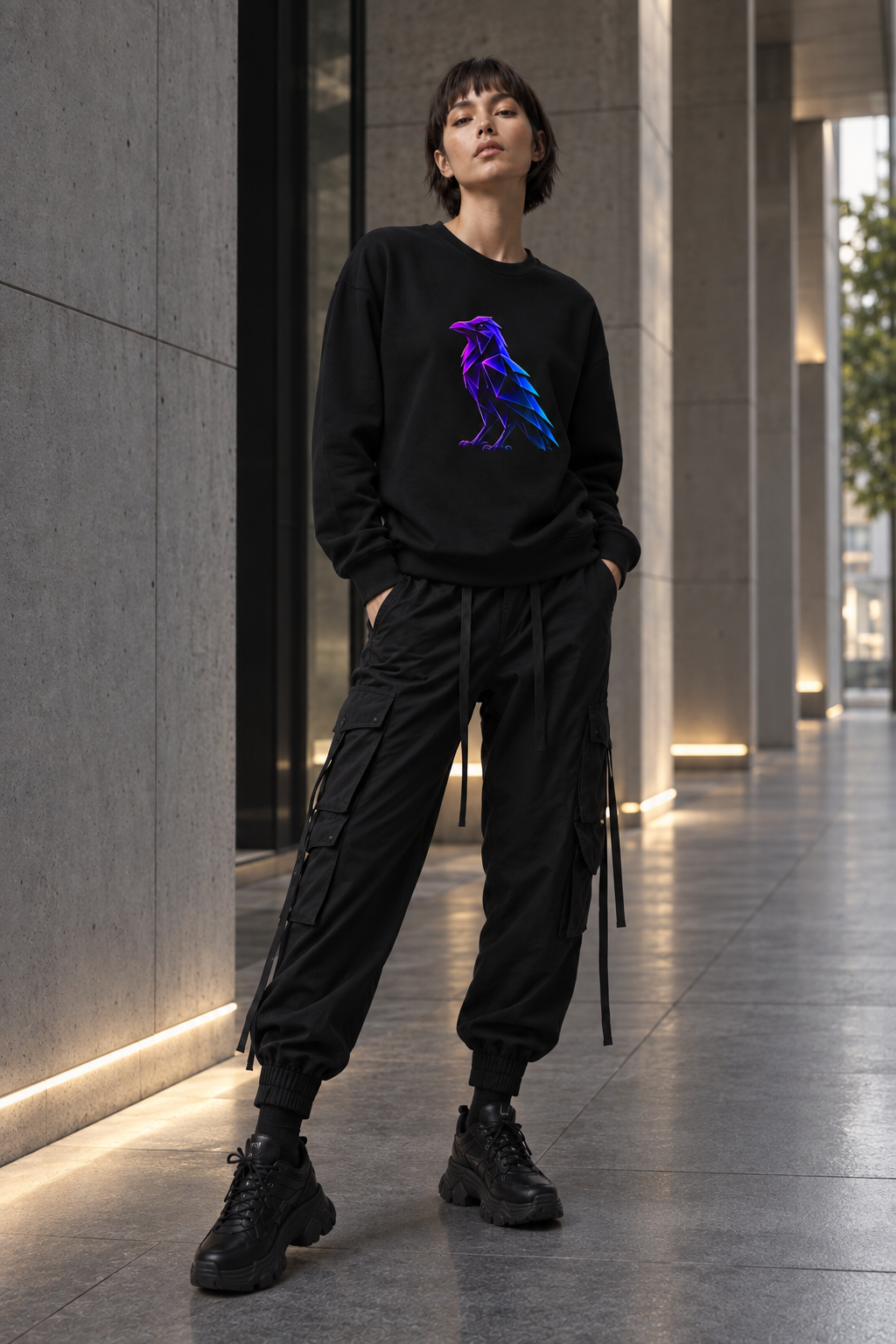 Origami Neon Raven Crewneck Sweatshirt | Mystery Instinct Crewneck Sweatshirt