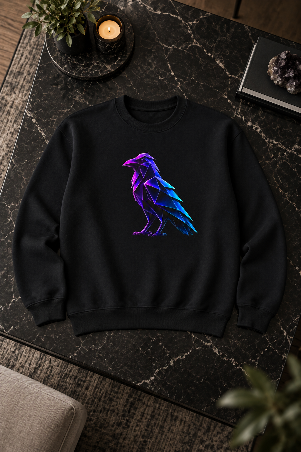 Origami Neon Raven Crewneck Sweatshirt | Mystery Instinct Crewneck Sweatshirt