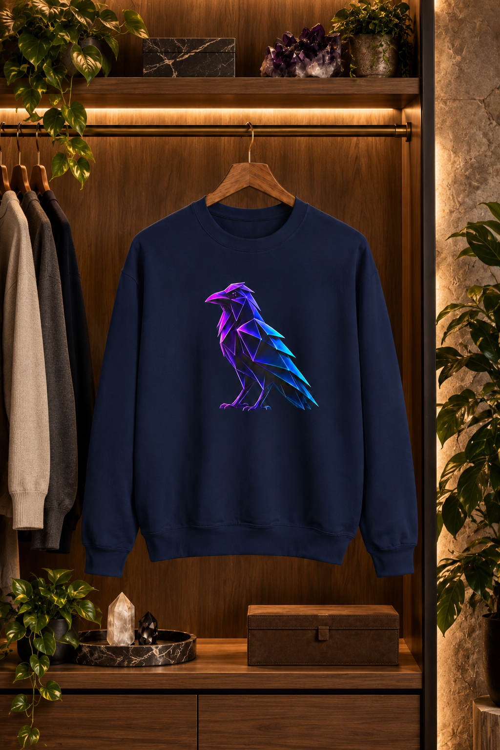Origami Neon Raven Crewneck Sweatshirt | Mystery Instinct Crewneck Sweatshirt