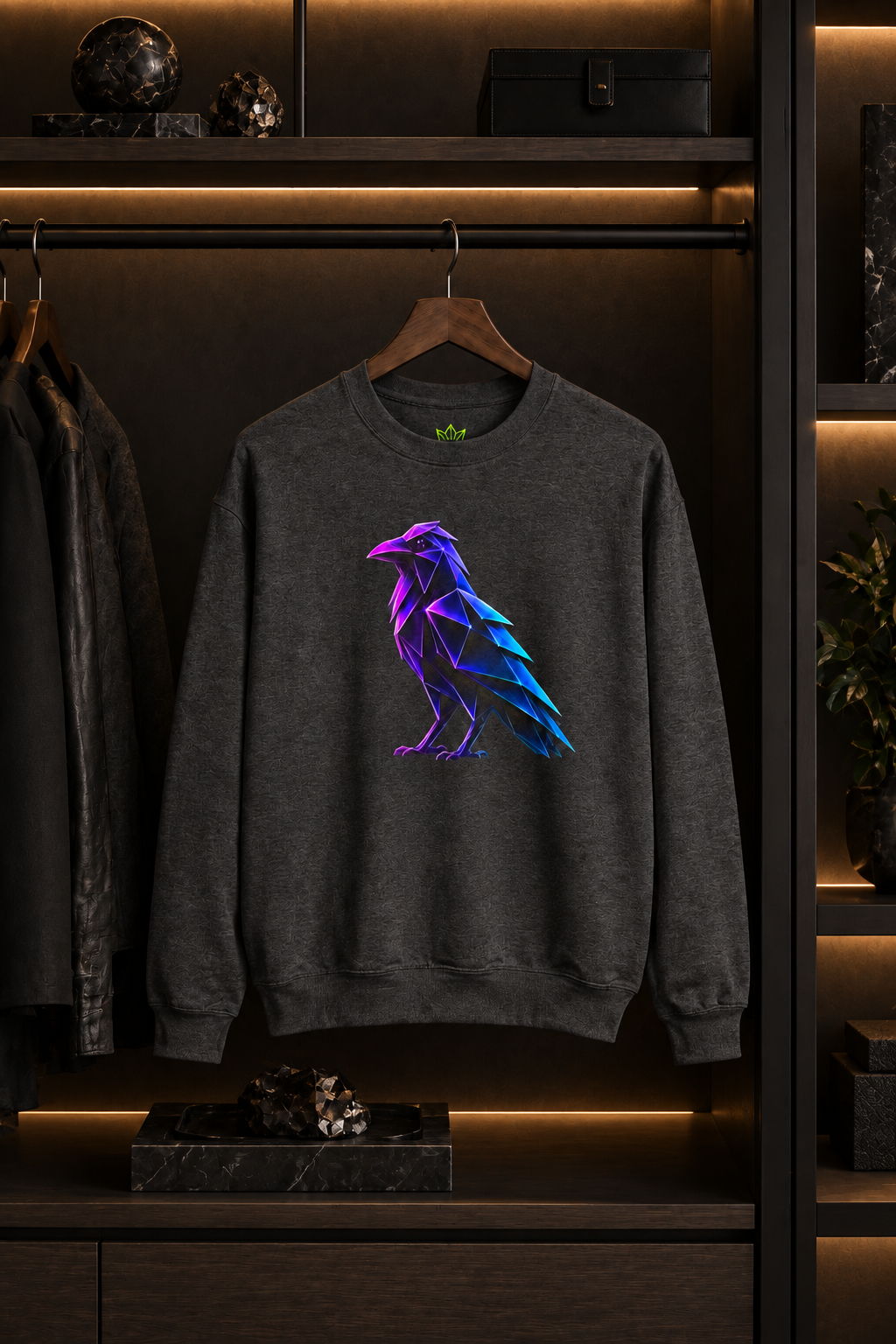 Origami Neon Raven Crewneck Sweatshirt | Mystery Instinct Crewneck Sweatshirt