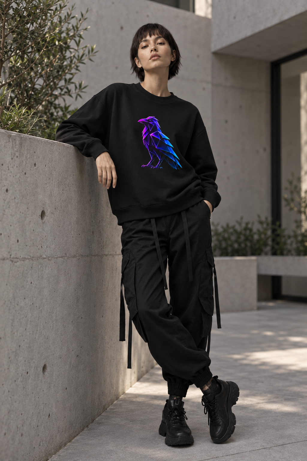 Origami Neon Raven Crewneck Sweatshirt | Mystery Instinct Crewneck Sweatshirt