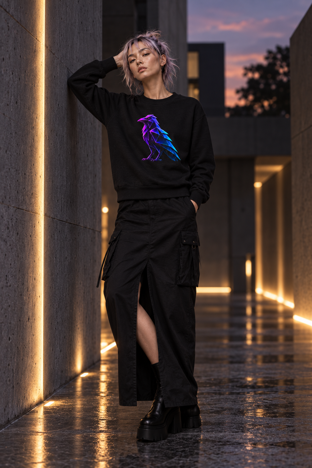 Origami Neon Raven Crewneck Sweatshirt | Mystery Instinct Crewneck Sweatshirt