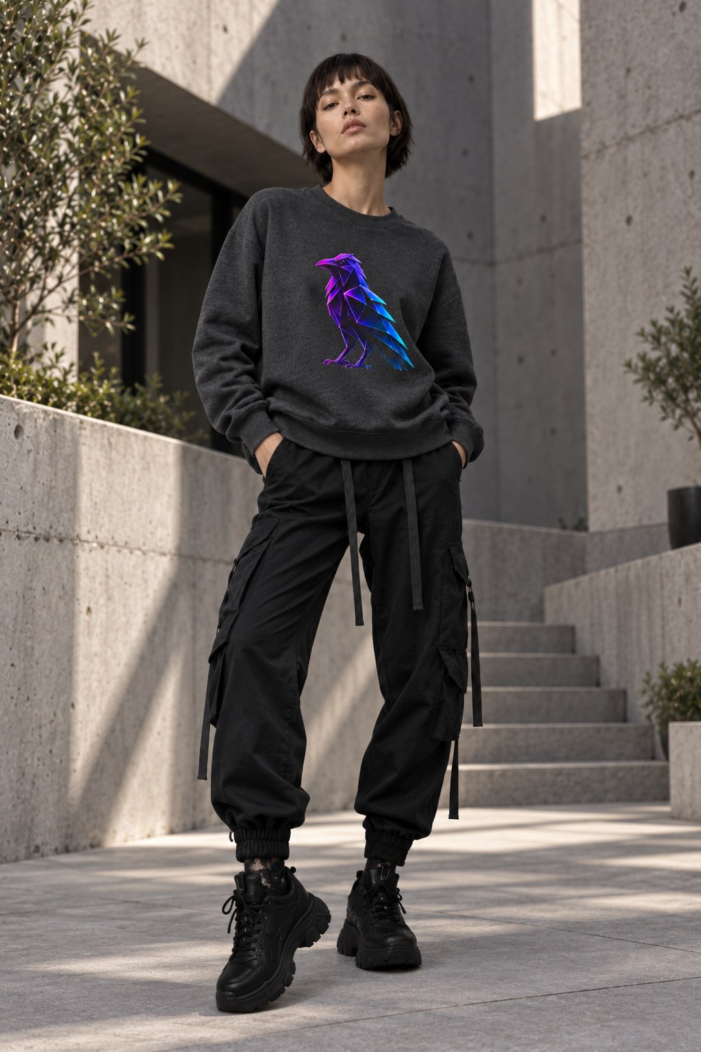 Origami Neon Raven Crewneck Sweatshirt | Mystery Instinct Crewneck Sweatshirt