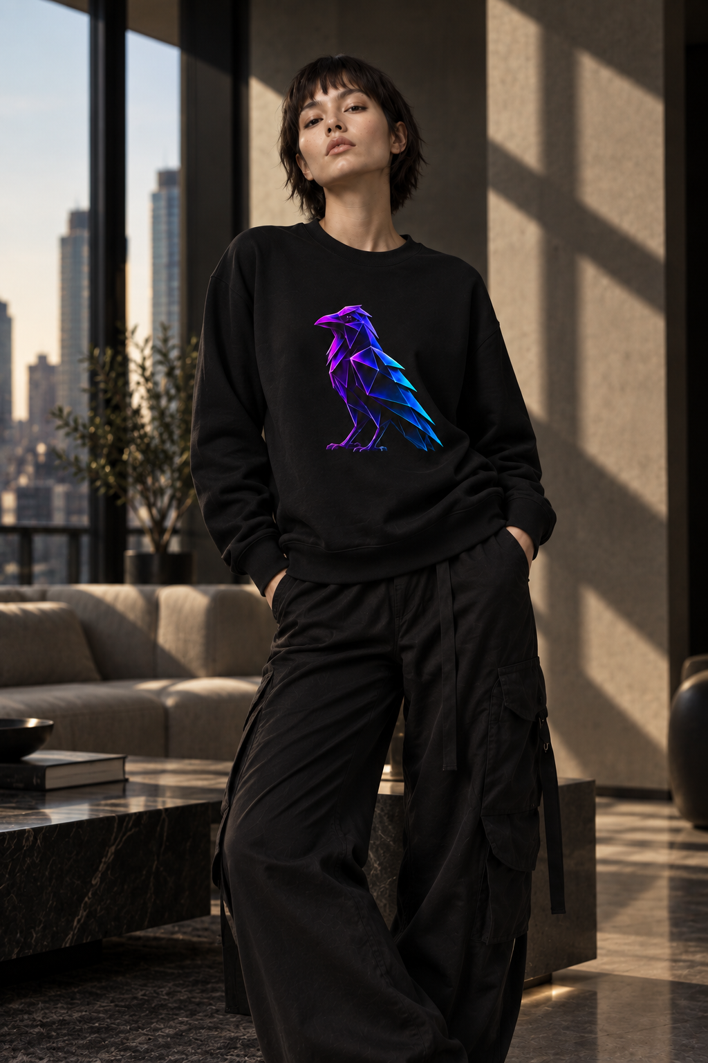 Origami Neon Raven Crewneck Sweatshirt | Mystery Instinct Crewneck Sweatshirt