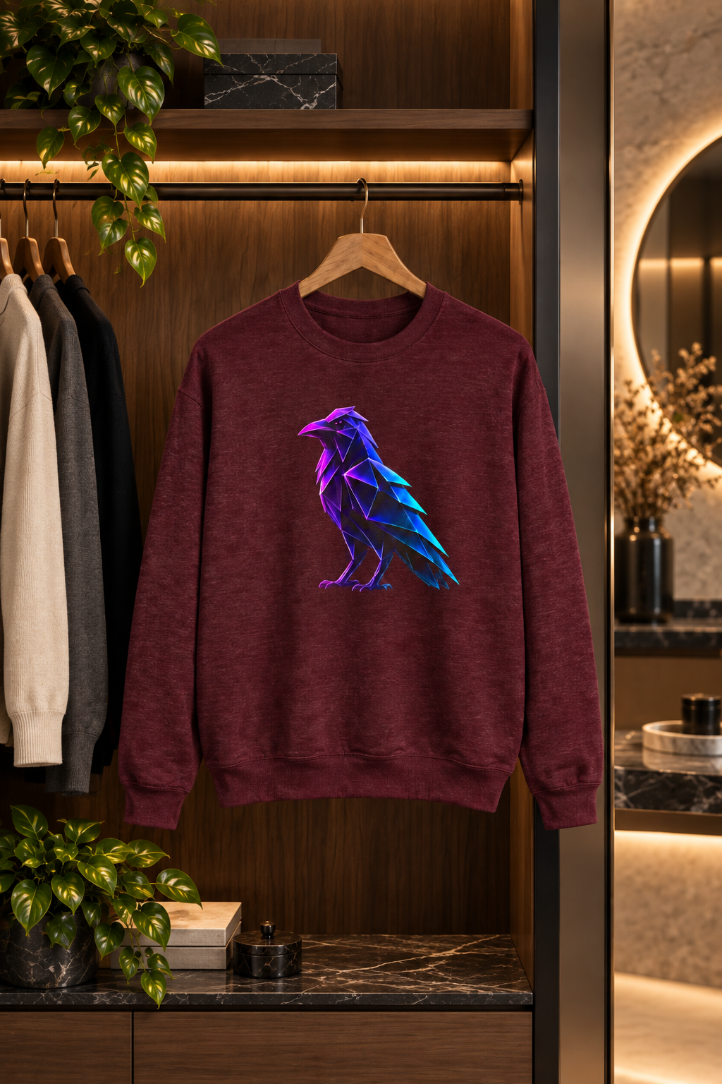 Origami Neon Raven Crewneck Sweatshirt | Mystery Instinct Crewneck Sweatshirt