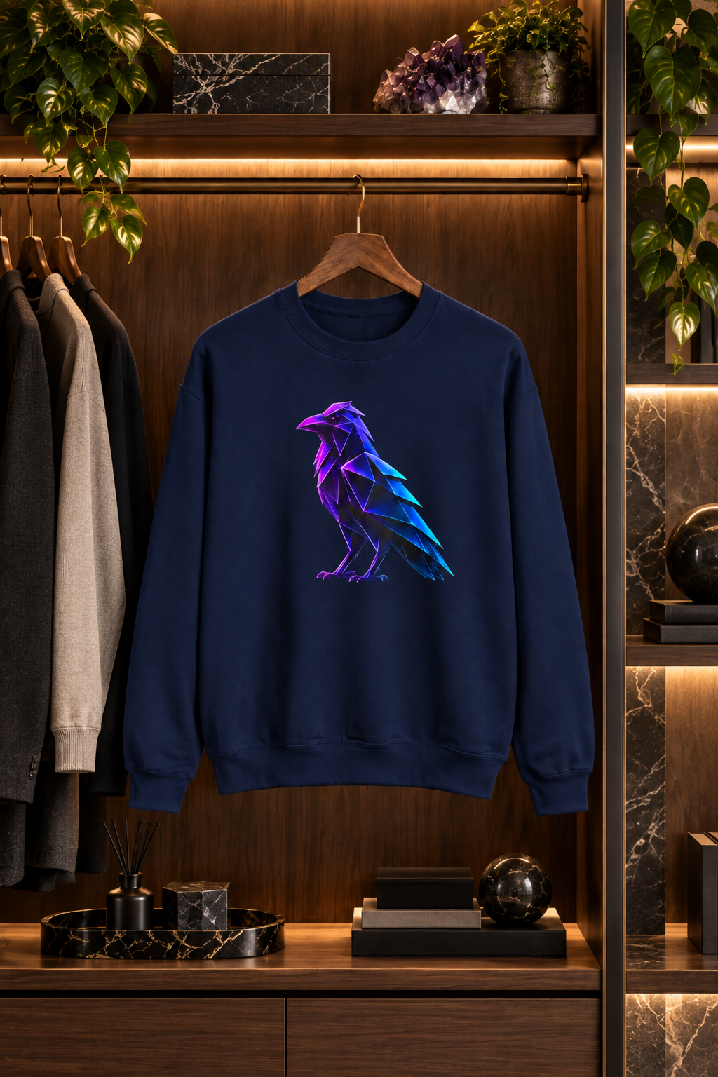 Origami Neon Raven Crewneck Sweatshirt | Mystery Instinct Crewneck Sweatshirt