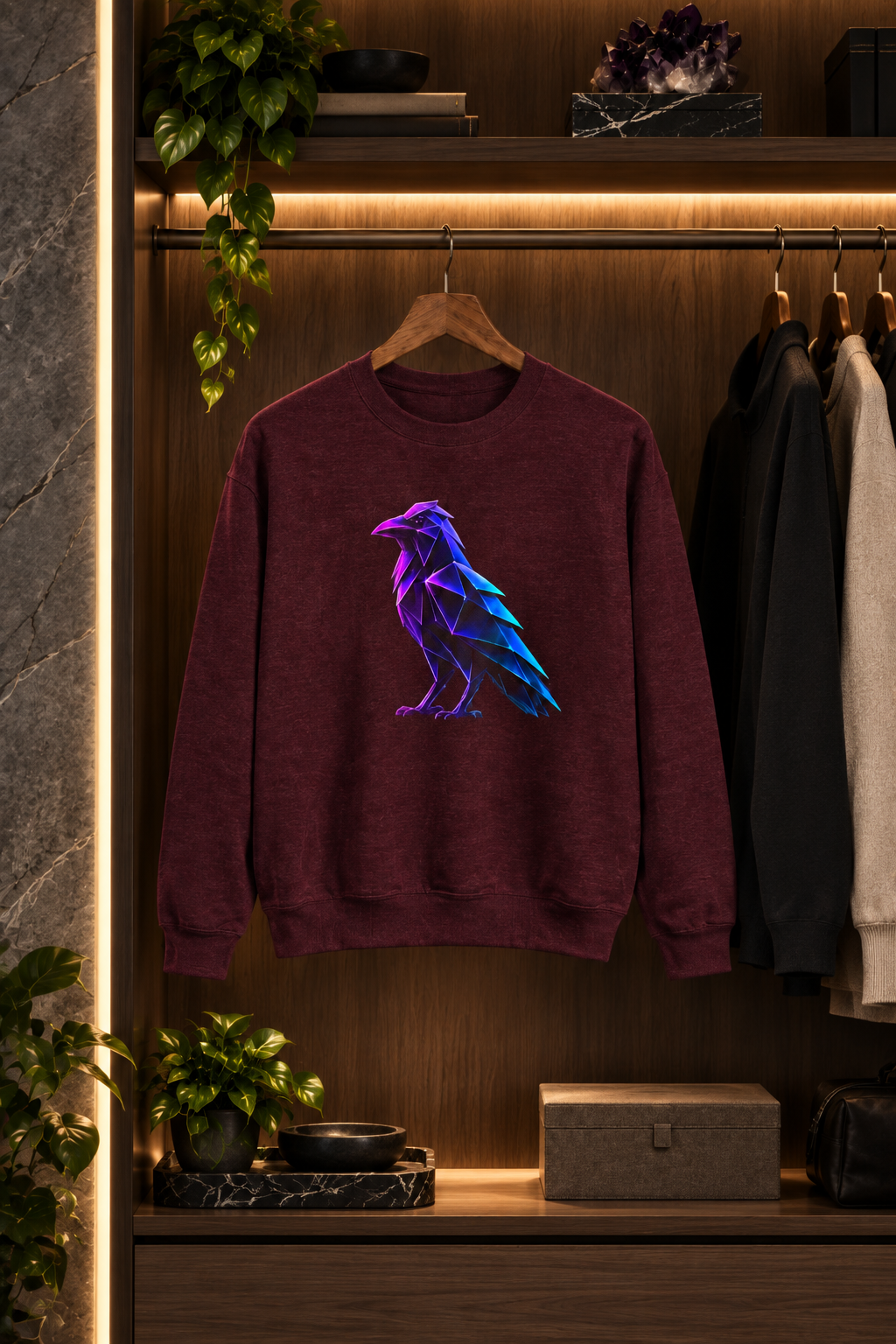 Origami Neon Raven Crewneck Sweatshirt | Mystery Instinct Crewneck Sweatshirt