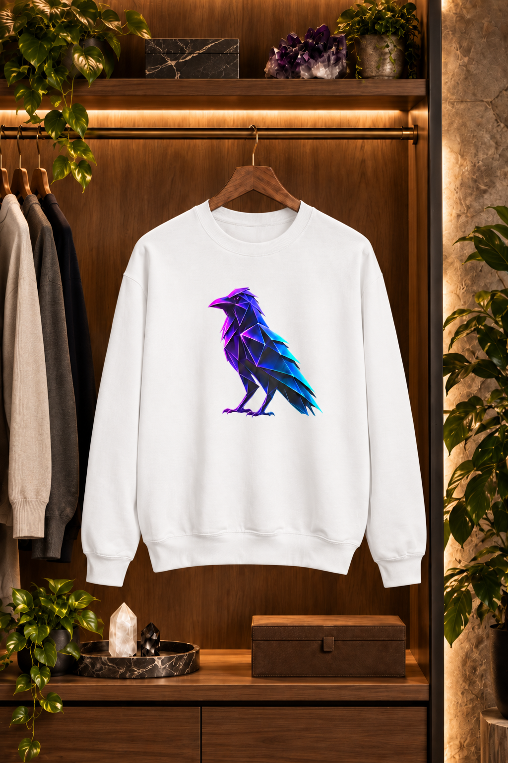 Origami Neon Raven Crewneck Sweatshirt | Mystery Instinct Crewneck Sweatshirt