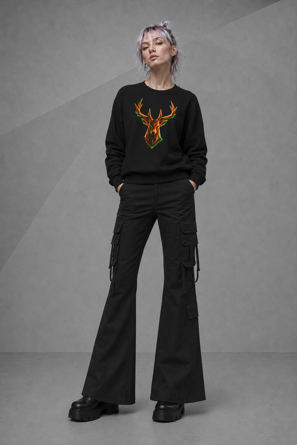 Origami Neon Deer Head Sweatshirt. Freedom Instinct Crewneck Sweatshirt