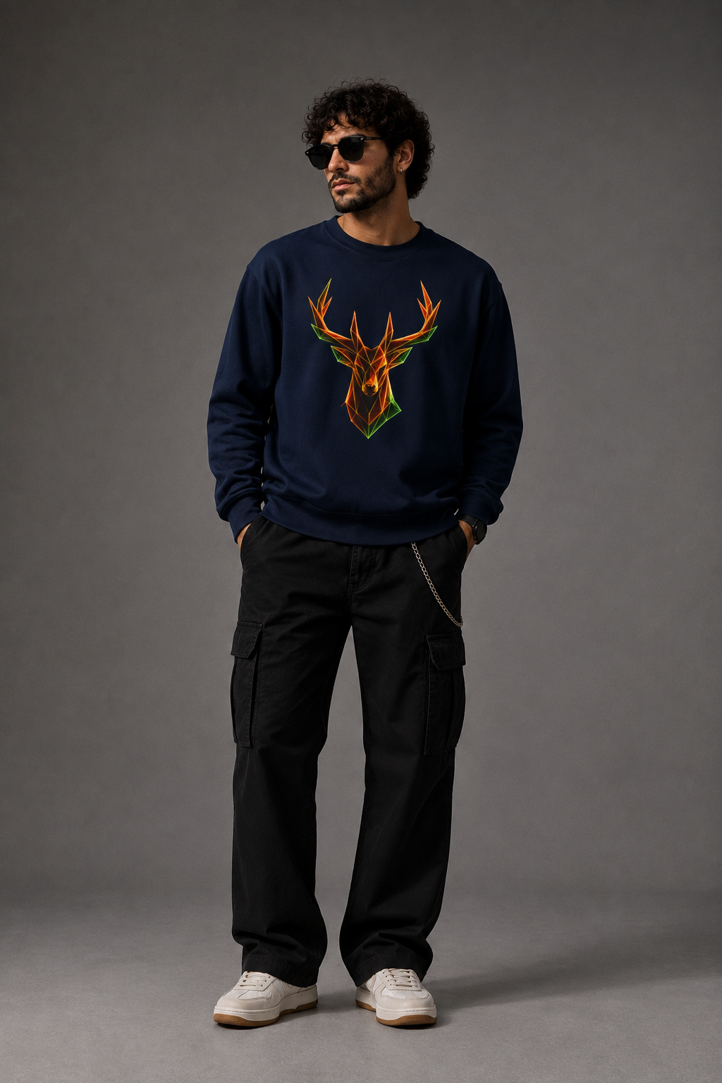 Origami Neon Deer Head Sweatshirt. Freedom Instinct Crewneck Sweatshirt
