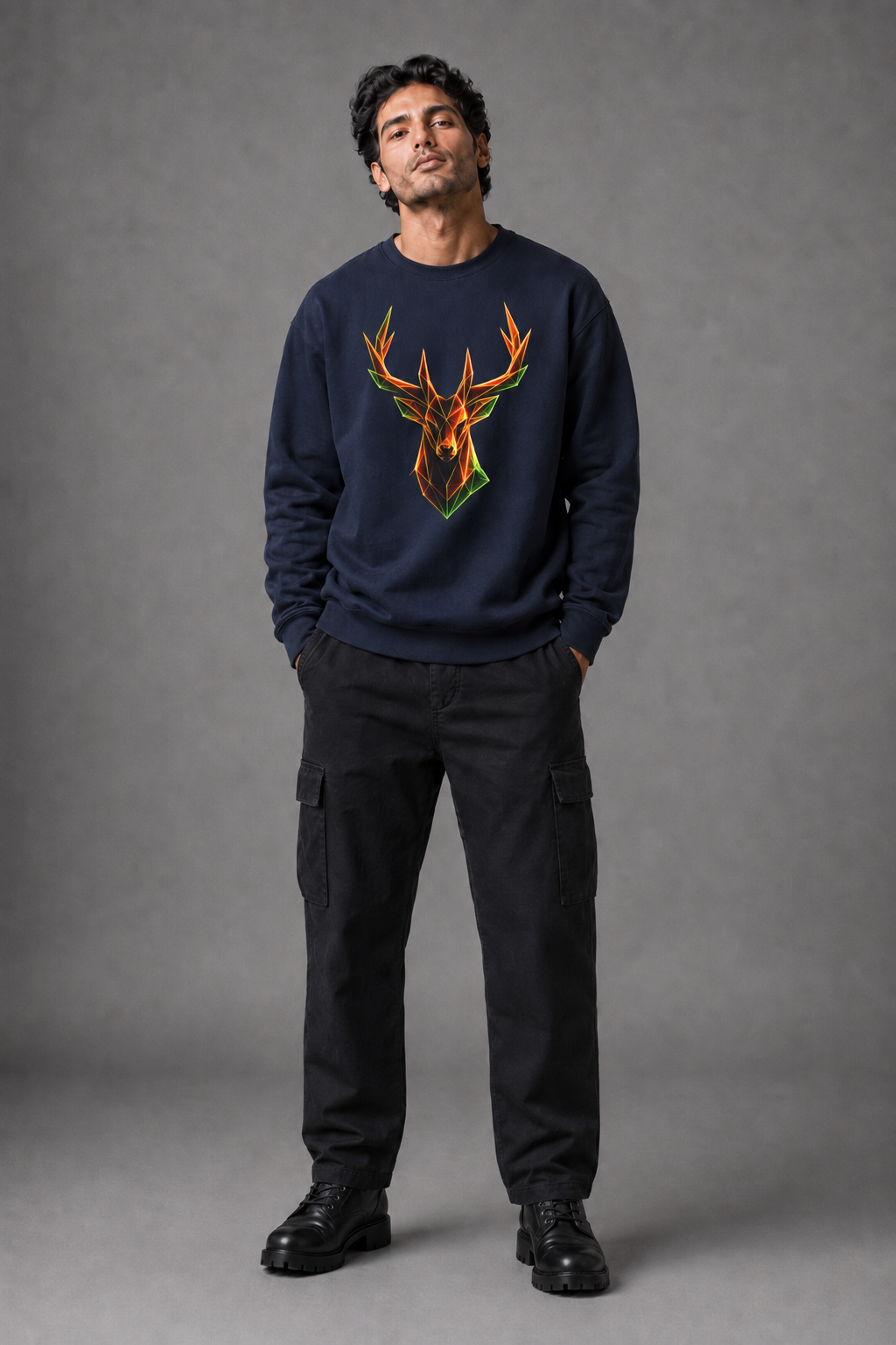 Origami Neon Deer Head Sweatshirt. Freedom Instinct Crewneck Sweatshirt