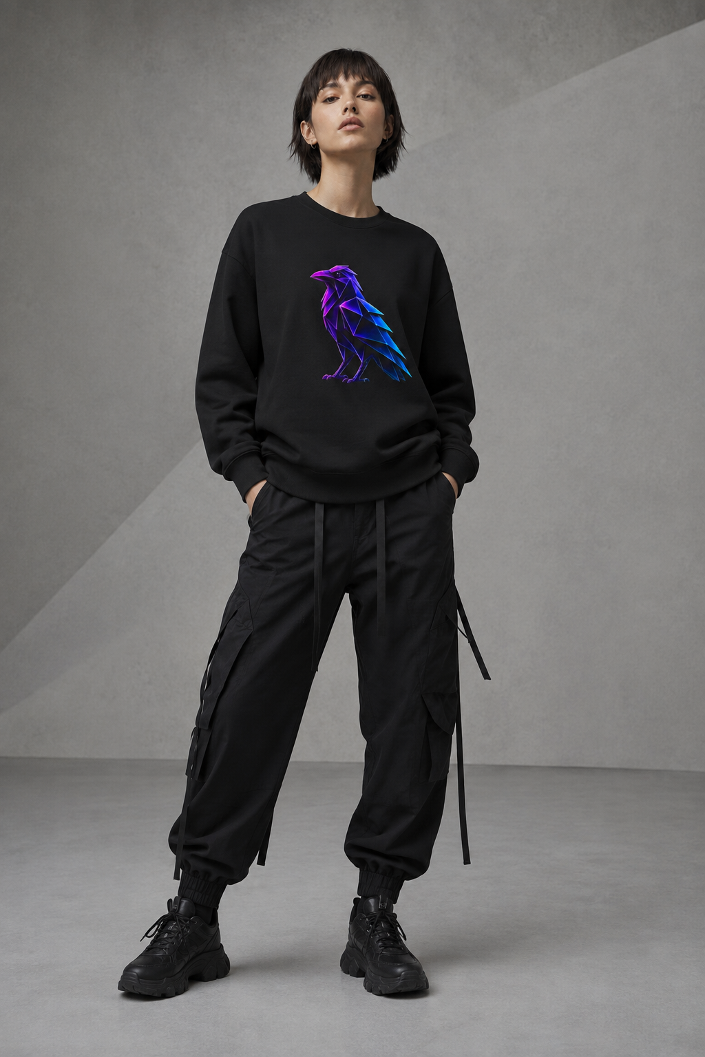 Origami Neon Raven Crewneck Sweatshirt | Mystery Instinct Crewneck Sweatshirt