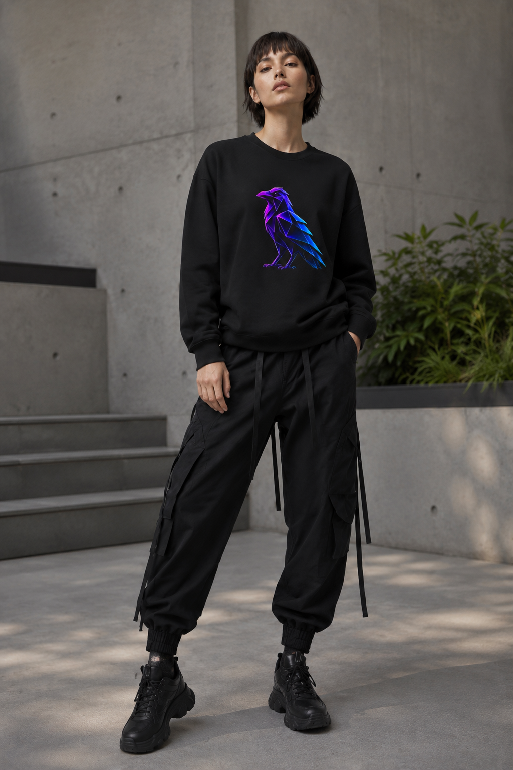 Origami Neon Raven Crewneck Sweatshirt | Mystery Instinct Crewneck Sweatshirt