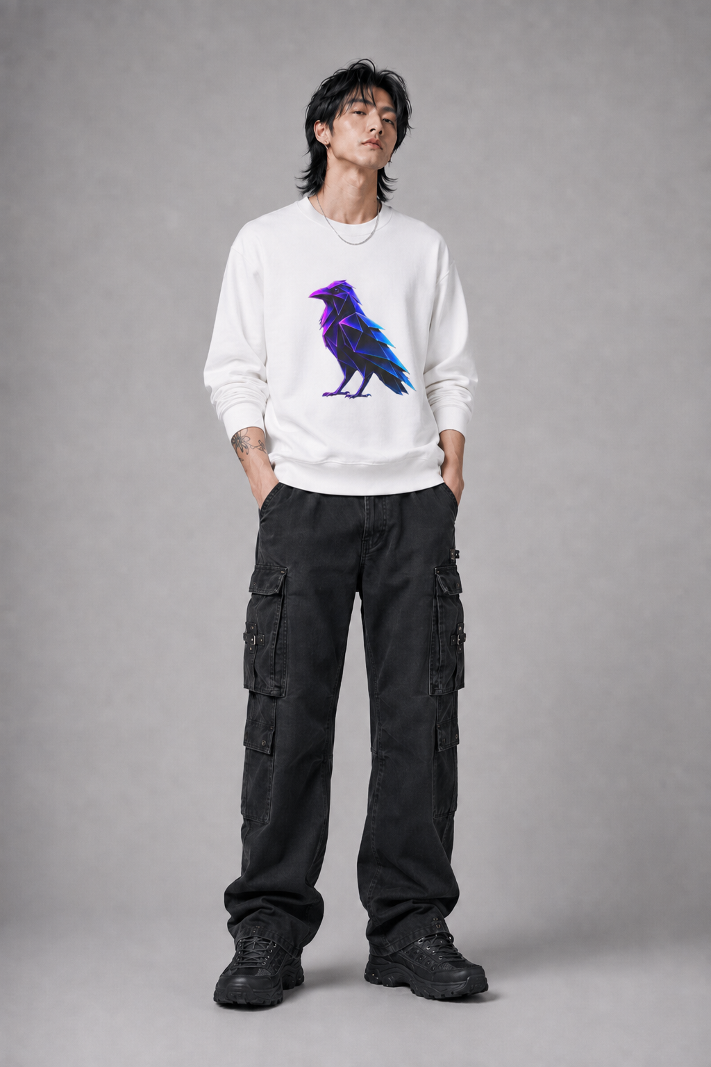 Origami Neon Raven Crewneck Sweatshirt | Mystery Instinct Crewneck Sweatshirt